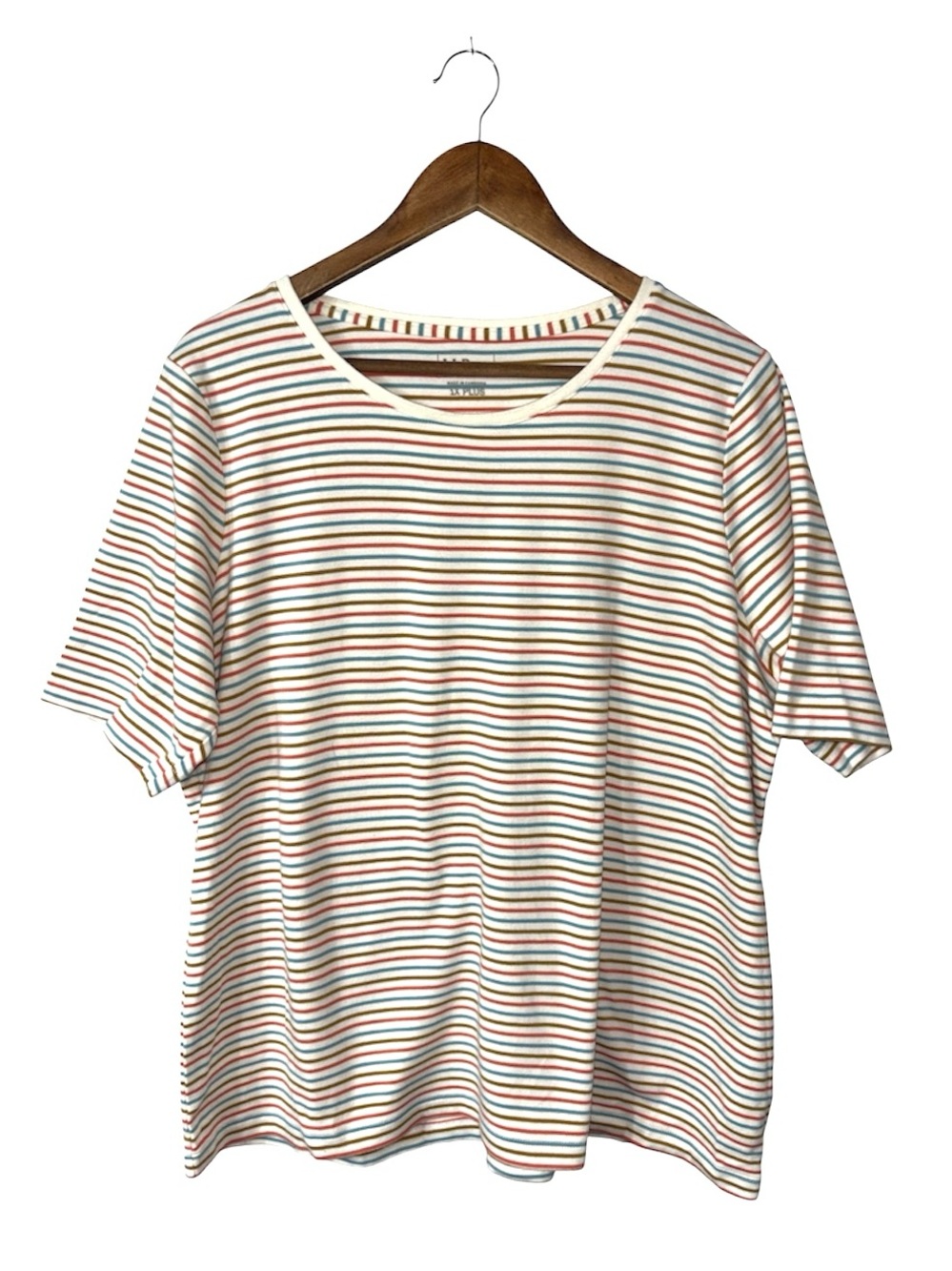 L.L. Bean Cream Tan Peach Stripes Short Sleeve Shirt Top 100% Cotton Size 1X